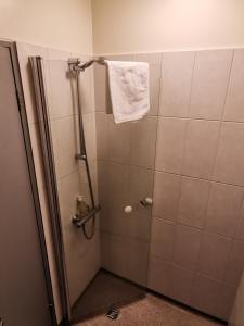 瑟伊藻克罗屈尔米科利加杜尔酒店的淋浴间的墙上挂着毛巾