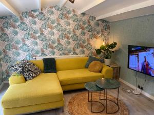 亨厄洛Tiny House de Eikhof的客厅设有黄色沙发和电视