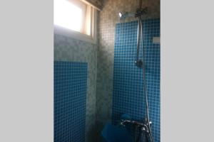 艾默伊登Beachhouse direct aan zee的浴室设有蓝色瓷砖淋浴和窗户。