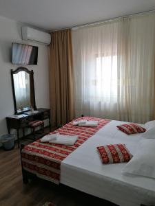 南埃福列Hanul Hora Romaneasca的酒店客房,设有两张床和镜子