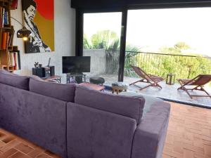 圣艾格夫Villa La Maison du Midi by Interhome的客厅配有紫色沙发和电视