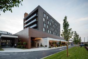 布拉索夫Qosmo Brasov Hotel的街道边的大建筑