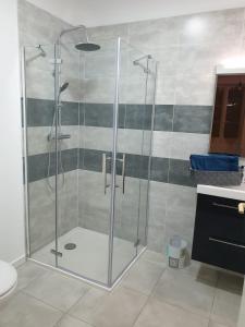佩皮尼昂Appartement Dali centre historique Perpignan的浴室里设有玻璃门淋浴