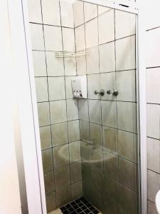 纽卡斯尔VnA Guesthouse的带淋浴的浴室,带玻璃门