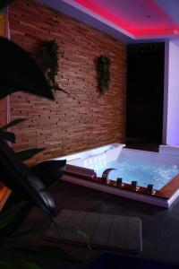 欧塞尔Spa privatif by XELA的一个带砖墙的客房内的按摩浴缸