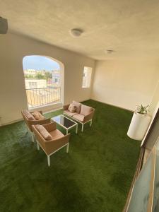 拉巴特Rabat Falcon Apartment的客厅配有绿色地毯、椅子和窗户