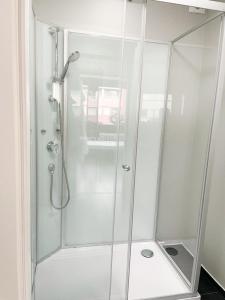 普福尔茨海姆PF Unterkunft的浴室里设有玻璃门淋浴