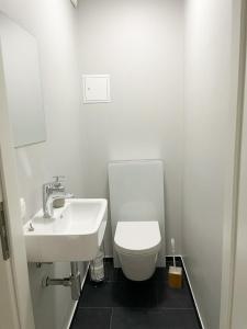 普福尔茨海姆PF Unterkunft的白色的浴室设有卫生间和水槽。