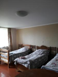 卡兹贝吉白房子旅馆的一间卧室设有两张单人床和一个窗户。