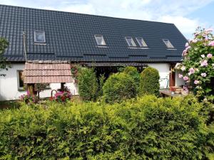 WęgorzynoGospodarstwo agroturystyczne的黑色屋顶和灌木的房子