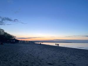 格但斯克Blue Marina Gdańsk的一群人日落时在海滩上散步