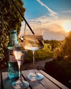 HabrachćicyHainberg Hotel的桌子上放有一瓶葡萄酒和两杯酒