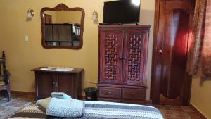 卡特马科Posada Los Chaneques Catemaco的一间带电视和大型木制橱柜的卧室