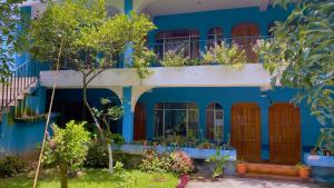 帕纳哈切尔Hotel Posada Don Carlos的蓝色的建筑,带有种有植物的阳台