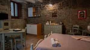 皮耶特拉佩尔托萨Il Rifugio di Bomar的配有床和桌子的房间以及厨房