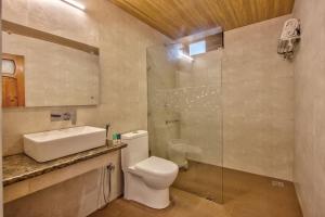 马拉里Woodstock Inn Manali的浴室配有卫生间、盥洗盆和淋浴。