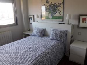 桑坦德Apto. Las LLamas S20 Santander, Garaje y Wifi的一间卧室配有一张带蓝色和白色棉被的床