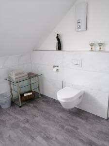布劳讷贝格Weingut Licht-Stadtfeld的白色的浴室设有卫生间和桌子。