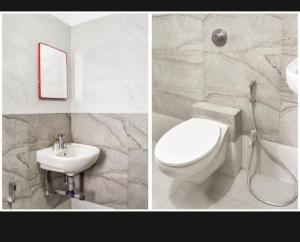 那格浦尔Hotel Relax Inn的浴室的两张照片,配有卫生间和水槽