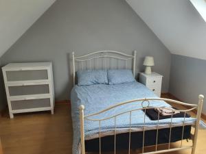 特拉利Murphys Irish Farmhouse的一间卧室配有一张带蓝色棉被的床