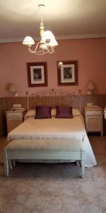 哈兰迪雅·德·拉·维尔甘特旅馆的一间卧室配有一张大床和一个吊灯。