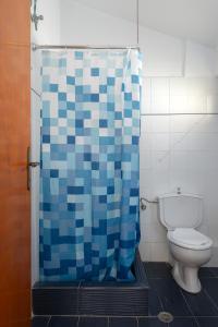 阿尔戈斯托利翁欧洲酒店 的浴室设有卫生间和蓝色的浴帘。