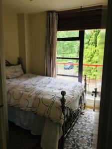 伦敦One-bedroom Rotherhithe/Bermondsey flat, Central London, UK的一间卧室设有一张床和一个大窗户