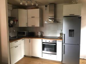 伦敦One-bedroom Rotherhithe/Bermondsey flat, Central London, UK的厨房配有白色橱柜和冰箱。