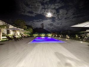 蓬塔德尔加达CFS Azores Guest House的夜晚的游泳池,天空中月亮