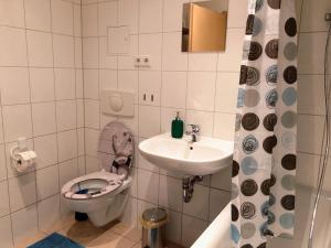 马格德堡Sueños Apartment的一间带卫生间和水槽的小浴室