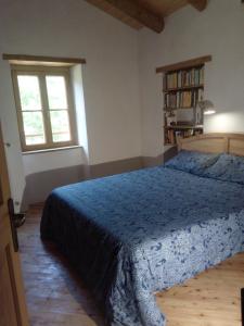 加尔尼亚诺Ca' del Rì的一间卧室配有一张蓝色床罩和两个窗户。