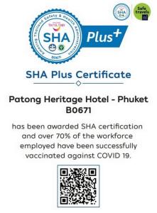 芭东海滩Patong Heritage Hotel Phuket - SHA Extra Plus的sha加证书标志的截图