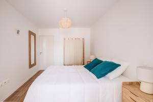 拉卡诺Ressourcez vous dans ce bel appartement a Lacanau的白色卧室配有一张大白色床和蓝色枕头