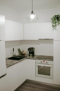 奥拉迪亚SunsetView Apartment的白色的厨房设有水槽和炉灶。