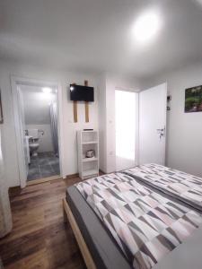 普利特维采湖Aria Plitvice的一间卧室配有一张床、一台电视和一间浴室。