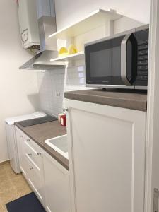 比谢列Domina Living Apartments - Presepe的白色的厨房配有微波炉和水槽