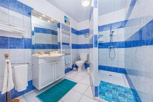 弗莱斯维尔manoir de vauville的蓝色和白色的浴室设有淋浴和水槽