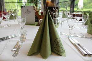马瑟尔贝格林思特格酒店的桌子上摆放着绿色餐巾,带眼镜