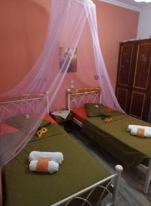 阿齐欧斯·贡多斯索菲亚玛格丽塔旅馆的粉红色和绿色的客房内的两张床