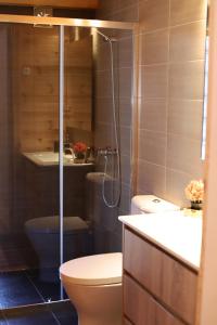 戈伊什Casinha do Canto的浴室配有卫生间、淋浴和盥洗盆。