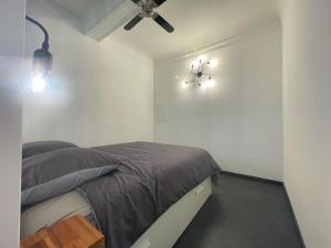 格拉斯L'Atelier de l'Amiral - Parking - Centre Historique的卧室配有一张床,墙上有两盏灯
