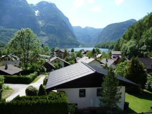 上特劳恩萨尔茨卡默古特豪斯旅馆的一座以湖泊和山脉为背景的村庄