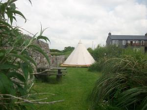 杜林Aille River Tourist Hostel Glamping Doolin的院子里的白色大帐篷,带长凳