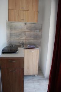 索科矿泉村Apartmani ,studija i sobe Savić的一个带水槽和木橱柜的小厨房