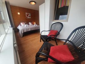 热拉梅Appart'Hôtel LIDO au bord de l'eau的一间设有两把椅子的房间,后面设有一张床