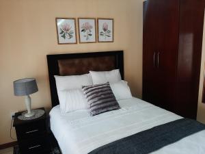 比勒陀利亚Lesedi Self Catering的一间卧室配有一张带枕头的床,墙上挂有图片