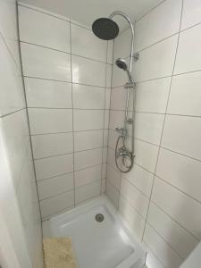 伊高尔ZitaLaka的白色瓷砖浴室设有淋浴和卫生间