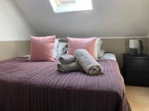 Comines圣乔治度假屋的床上配有粉色和白色枕头的床