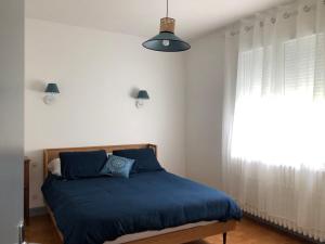 巴巴斯特Coalpie的一间卧室设有蓝色的床和窗户。