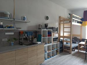 克拉科夫Evergreen Hostel Krakow的一间带水槽和一张双层床的厨房
